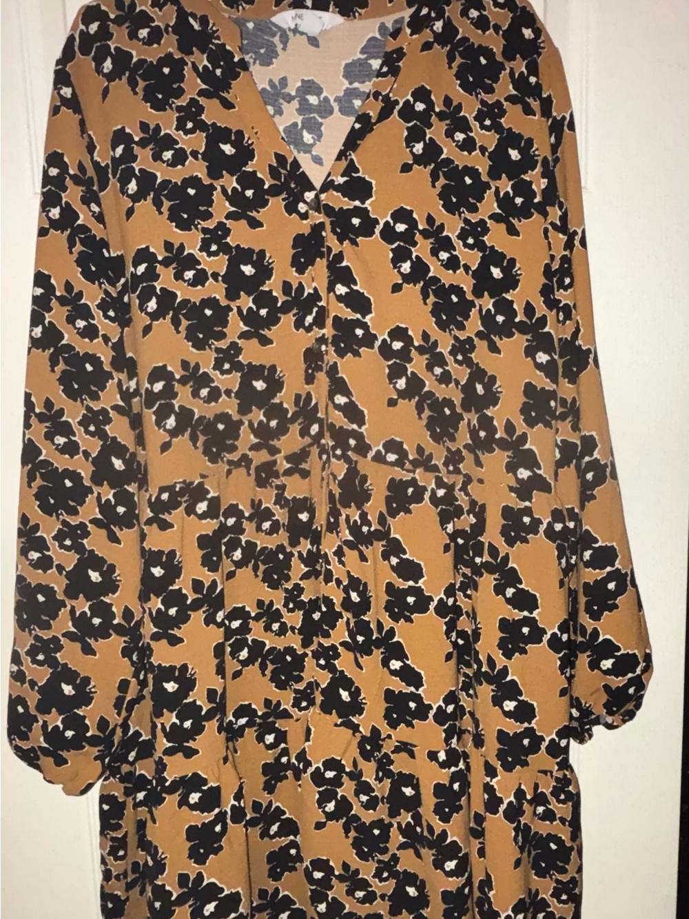 Nine West Mustard Floral Long Sleeve Dress